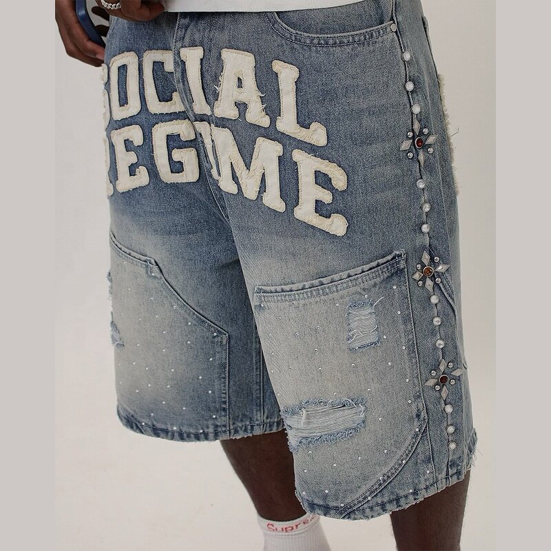 Men's Denim Shorts - Custom Letter Patchwork Rhinestone Cargo Jorts