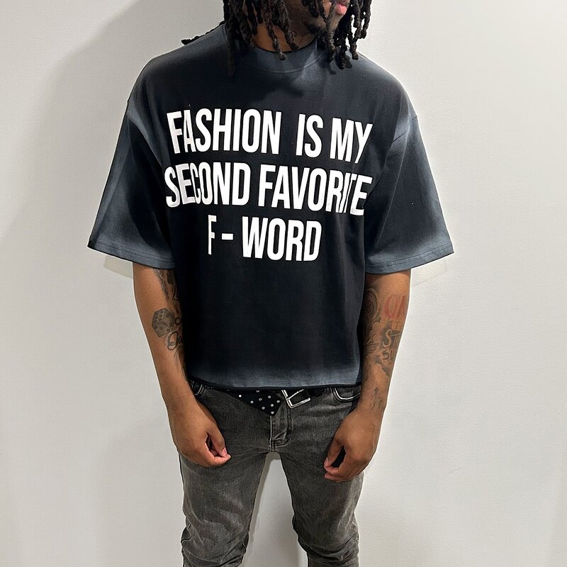 Men's Cropped T-Shirt - Vintage Black Acid Wash Graphic Print Cotton Tee