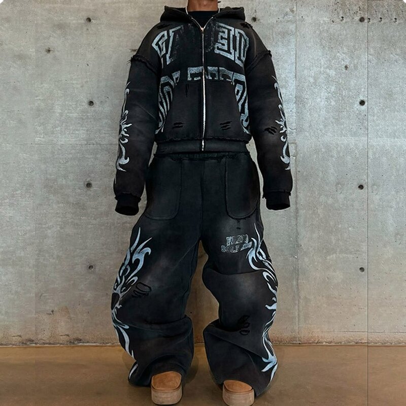Men's Tracksuit Set - 2025 Custom Print Acid Wash Flared Sweatpants Hoodie