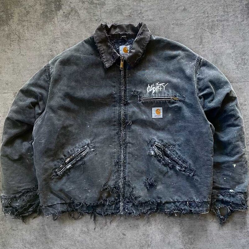 Unisex Zip Up Hoodie - Winter Acid Wash Oversize Distressed Black Sweatshirt