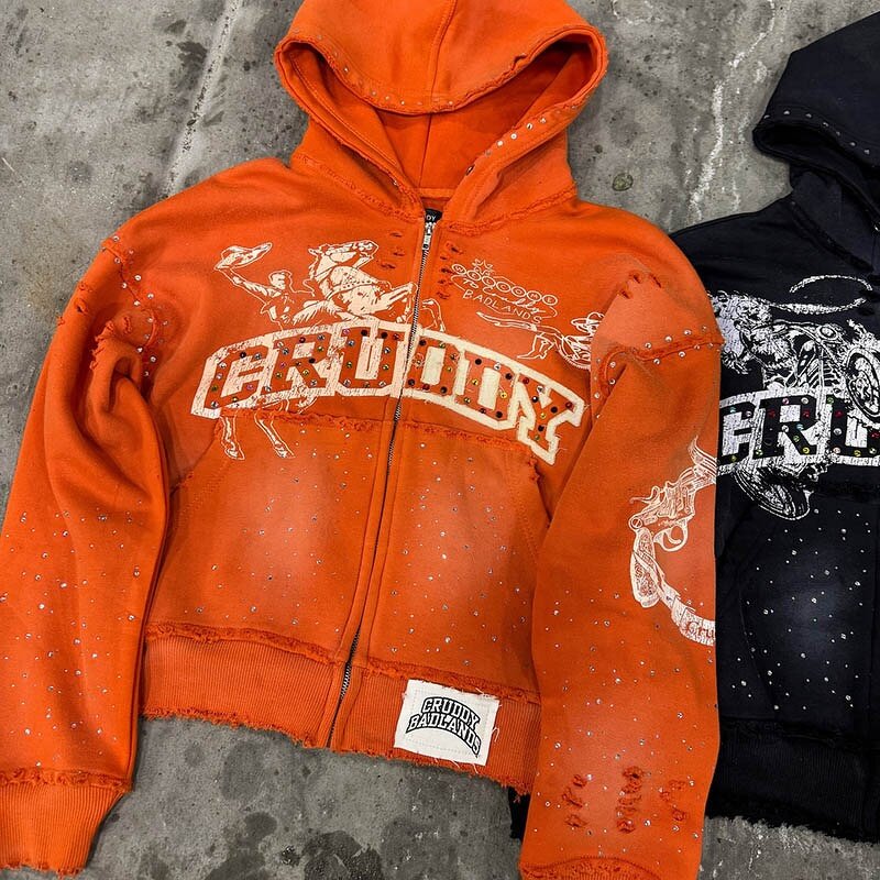 Men's Cropped Hoodie - Custom Logo Acid Wash Distressed Embroidered Top