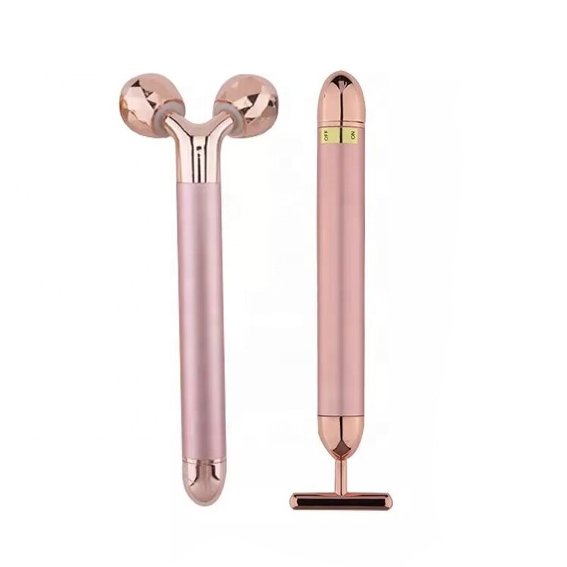 2 in 1 Face Roller - Gold Pink T Shape Vibrating 3D Beauty Bar Massager