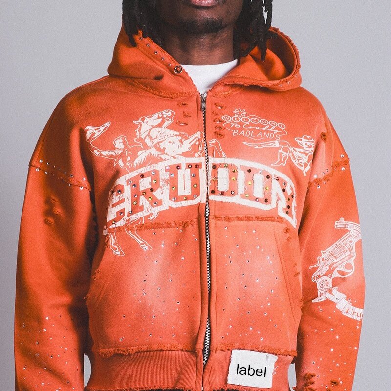 Men's Cropped Hoodie - Custom Logo Acid Wash Distressed Embroidered Top