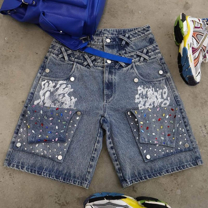 Men's Denim Shorts - High Quality Double Waist Distressed Crystal Jorts