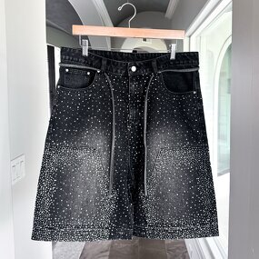 Men's Denim Jorts - Custom All Over Rhinestone Acid Wash Streetwear Shorts