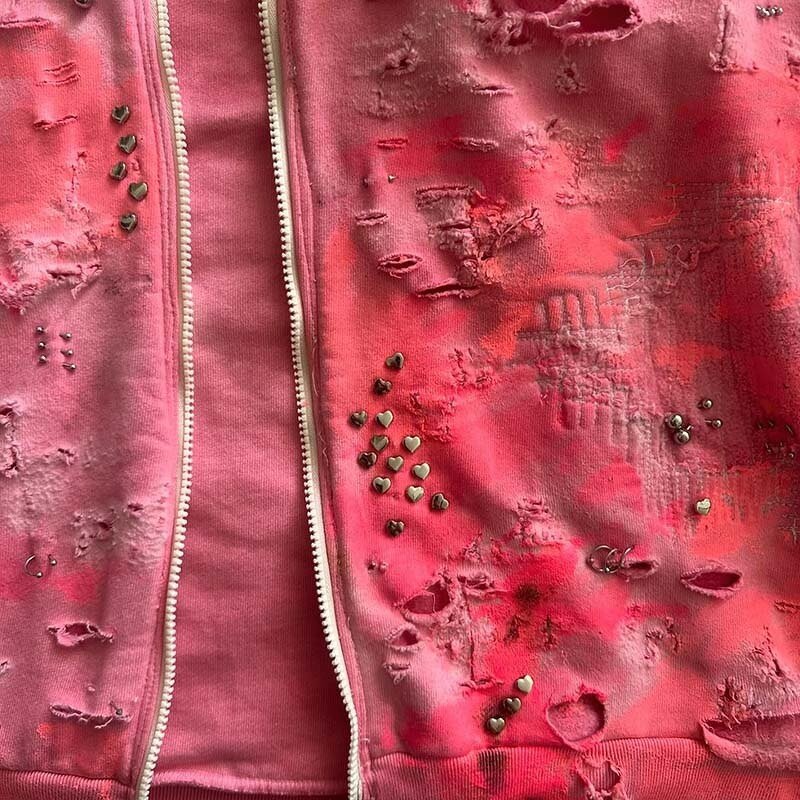 Men's Zipper Hoodie - Winter Acid Wash Rhinestone Letter Pattern Sweatshirt