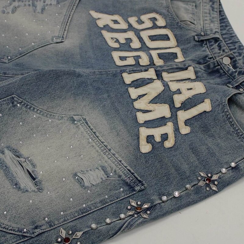 Men's Denim Shorts - Custom Letter Patchwork Rhinestone Cargo Jorts