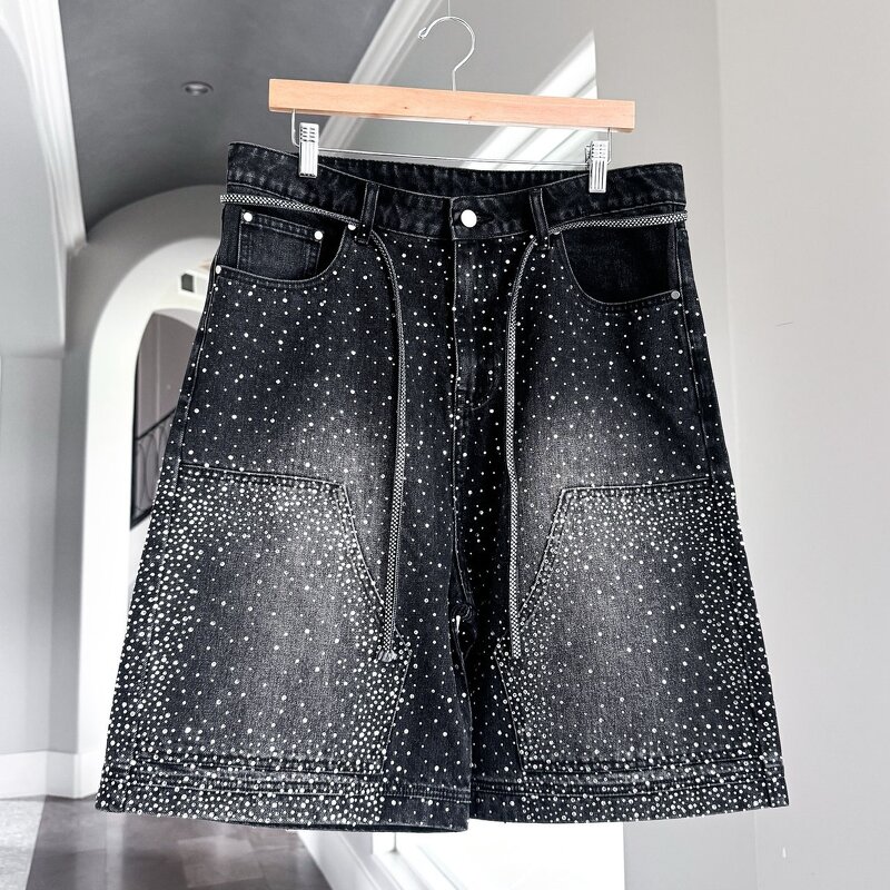 Men's Denim Jorts - Custom All Over Rhinestone Acid Wash Streetwear Shorts