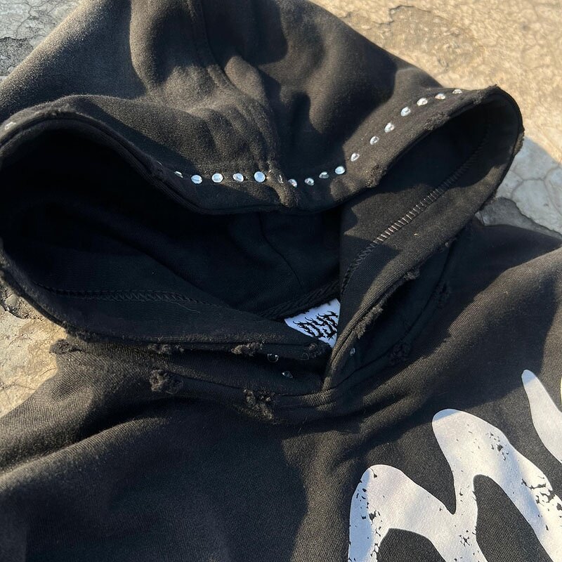 Men's Zip Up Hoodies - Wholesale Black Acid Wash Rhinestone Winter Tops