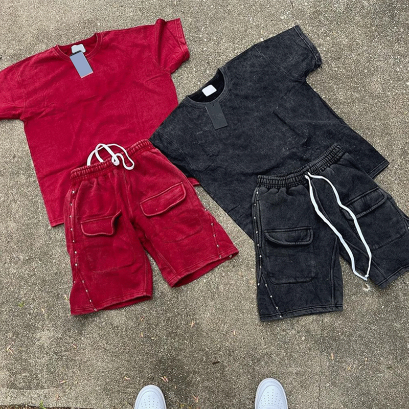Men's T-shirt Shorts Set - Luxury Custom Print Acid Wash Terry Cotton Set
