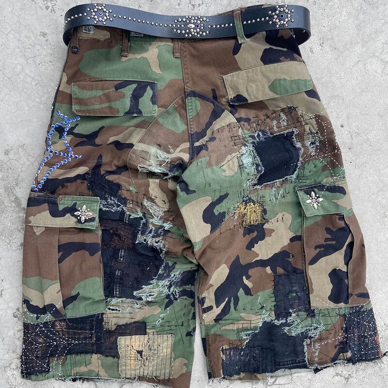 Men's Denim Jorts - Vintage Camo Rhinestone Embroidery Raw Hem Shorts