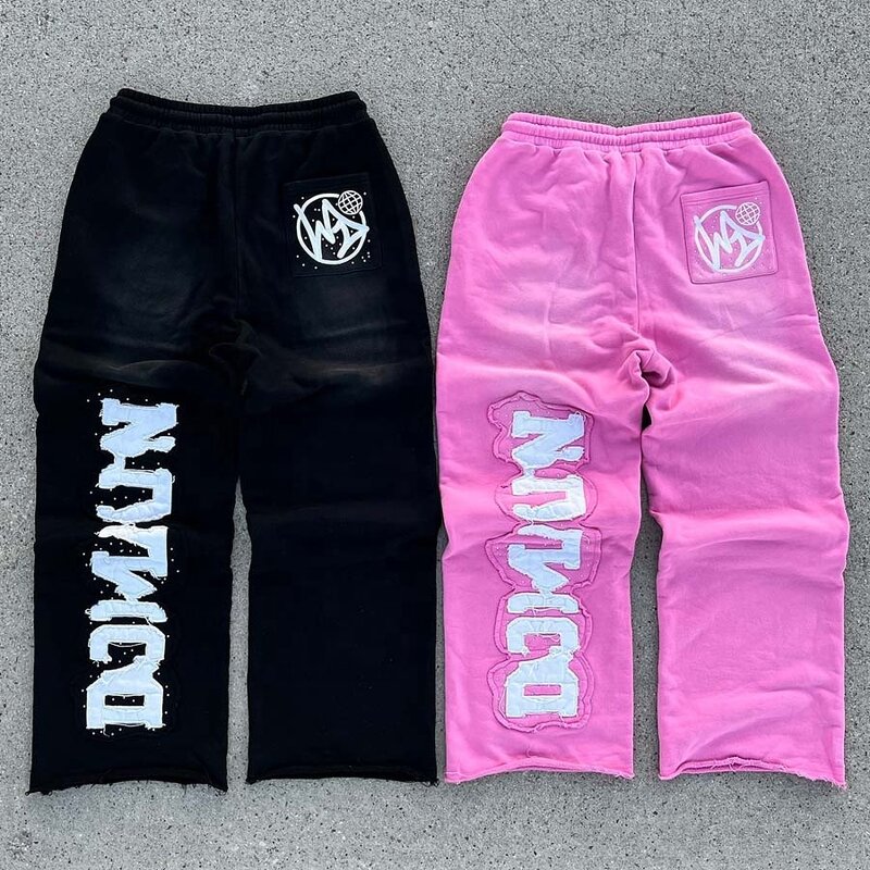 Unisex Baggy Sweatpants - Mid Waist Rhinestone Patchwork Straight Pants