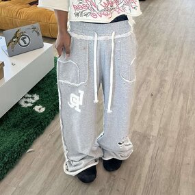 Unisex Baggy Sweatpants - Low Rise Rhinestone Distressed Open Bottom Pants