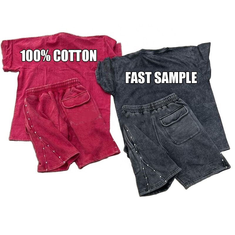 Men's T-shirt Shorts Set - Luxury Custom Print Acid Wash Terry Cotton Set