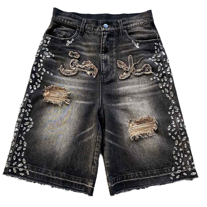 Men's Denim Shorts - Wholesale Rhinestone Decor Plus Size Distressed Jorts