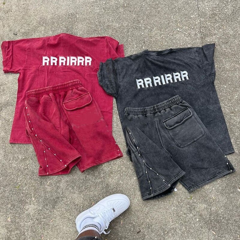 Men's Short Set - Custom Acid Wash French Terry T Shirt Sweat Shorts Set