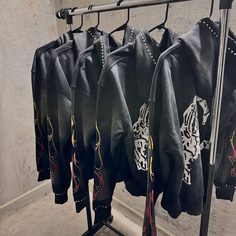 Men's Zip Up Hoodies - Wholesale Black Acid Wash Rhinestone Winter Tops