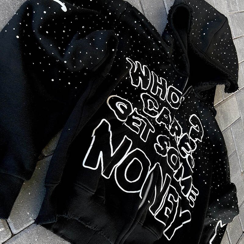 Men's Zip Up Hoodies - Custom Puff Print Acid Wash Rhinestone Sweatshirts