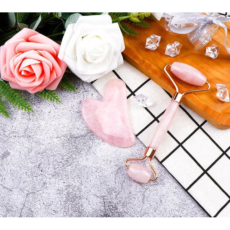 Rose Quartz Gua Sha Set - Pink White Heart Shaped Crystal Roller Tool