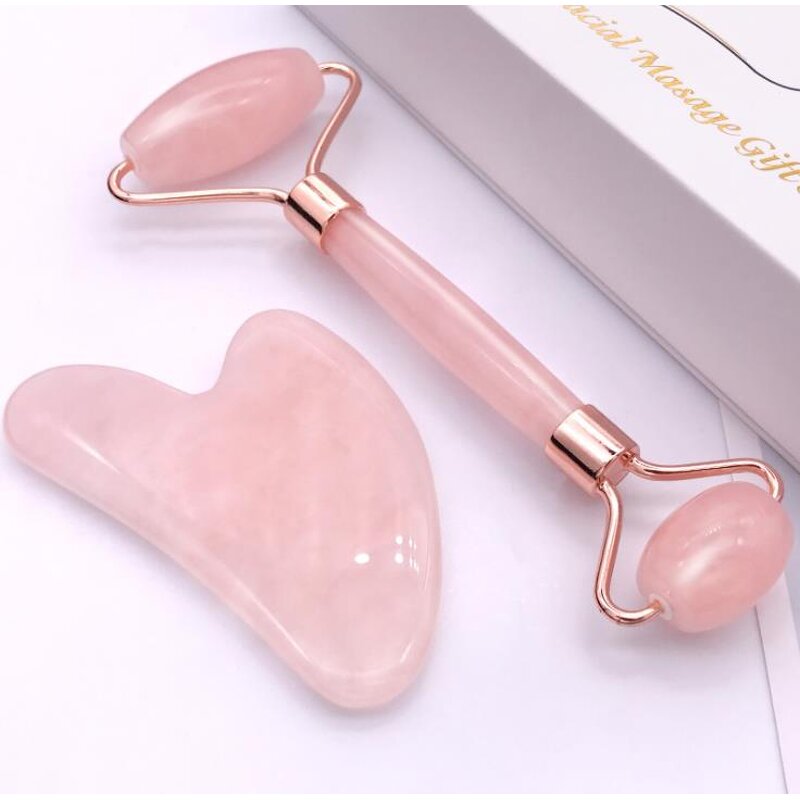 Rose Quartz Gua Sha Set - Pink White Heart Shaped Crystal Roller Tool