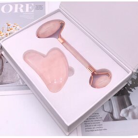 Rose Quartz Gua Sha Set - Pink White Heart Shaped Crystal Roller Tool