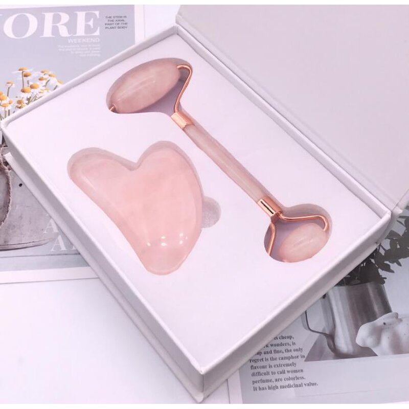 Rose Quartz Gua Sha Set - Pink White Heart Shaped Crystal Roller Tool