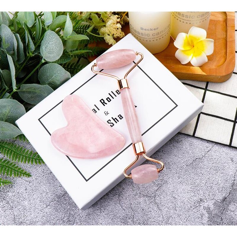 Jade Roller Gua Sha Set - Custom Logo Rose Quartz Facial Massage Tool