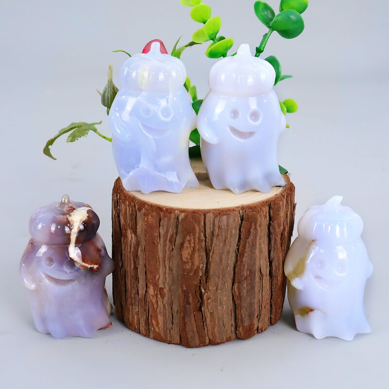 Halloween Ghost Ornament Manufacturer - Natural Blue Chalcedony with Pumpkin Hat