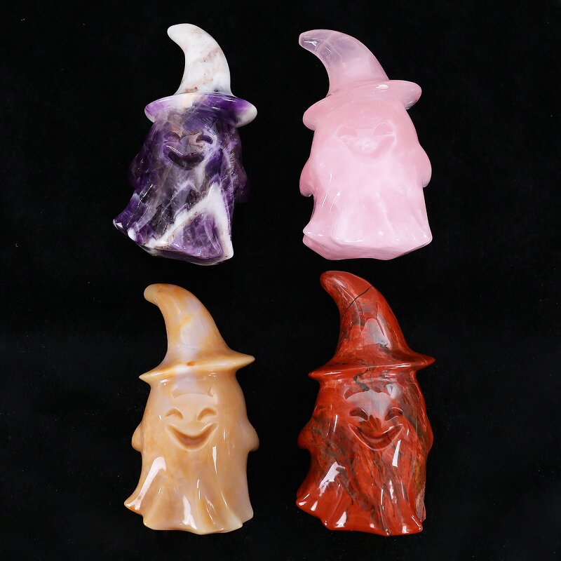 Crystal Ghost Manufacturer - 3.75 Inch Hand Carved with Wizard Hat Natural