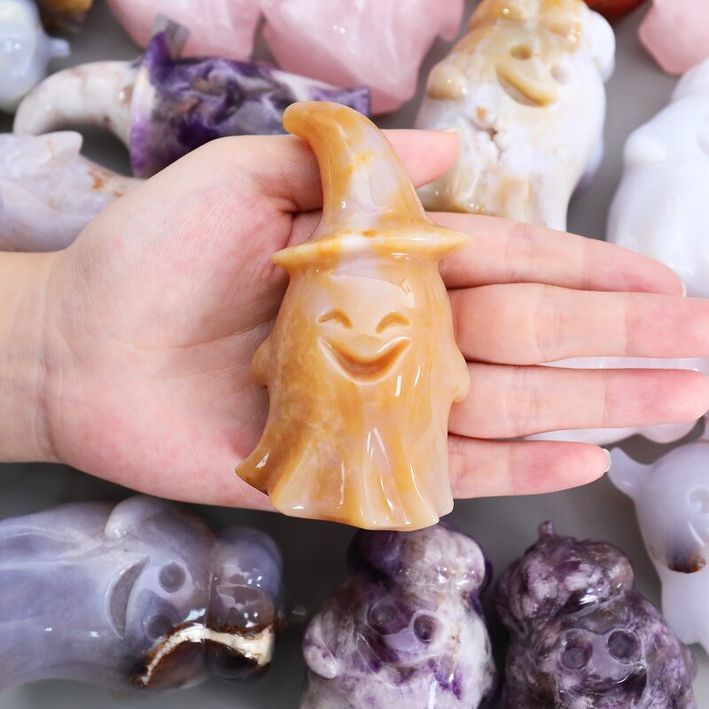 Crystal Ghost Manufacturer - 3.75 Inch Hand Carved with Wizard Hat Natural