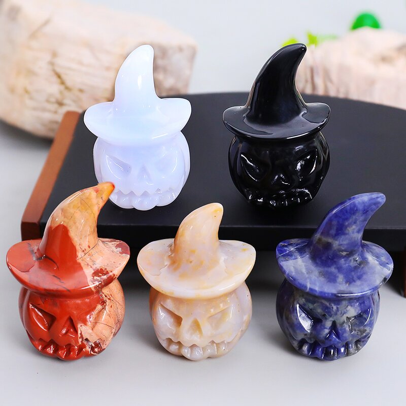 Pumpkin Ghost Ornament Manufacturer - Natural Crystal with Wizard Hat Carving