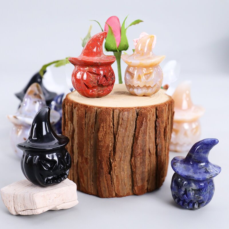 Pumpkin Ghost Ornament Manufacturer - Natural Crystal with Wizard Hat Carving