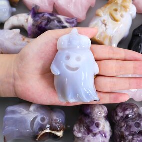 Halloween Ghost Ornament Manufacturer - Natural Blue Chalcedony with Pumpkin Hat