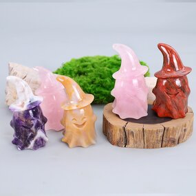 Crystal Ghost Manufacturer - 3.75 Inch Hand Carved with Wizard Hat Natural