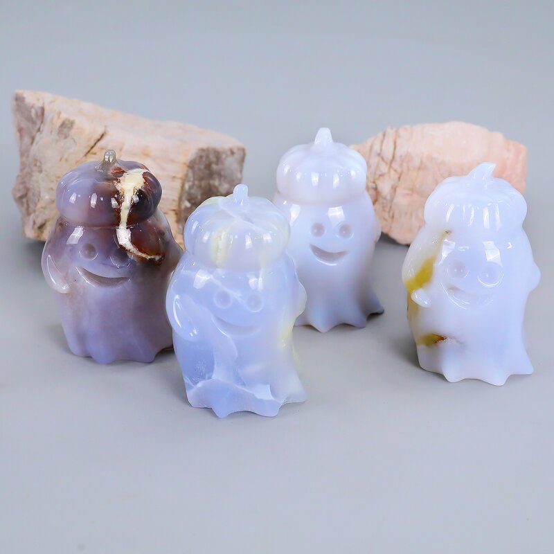Halloween Ghost Ornament Manufacturer - Natural Blue Chalcedony with Pumpkin Hat