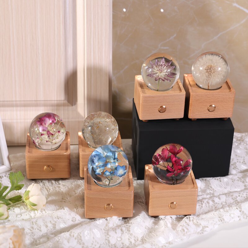 Wireless Music Box - Portable Resin Crystal Ball Dry Flowers Night Light