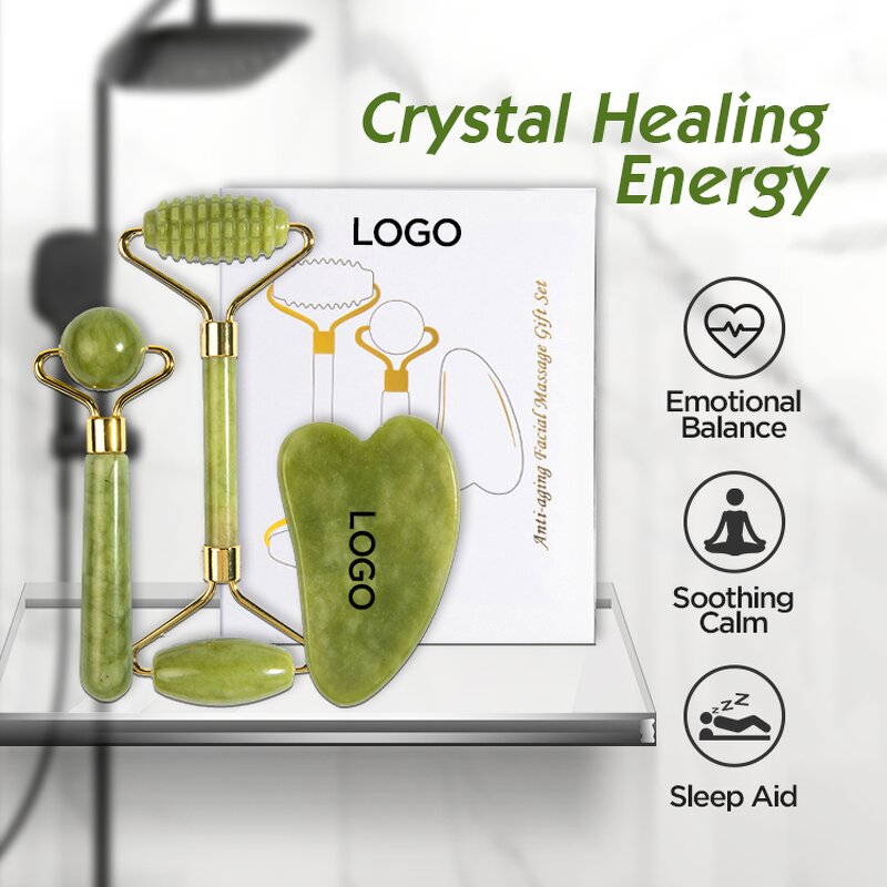 Green Jade Gua Sha Set - Natural Stone Scraping Therapy Facial Massage Tool