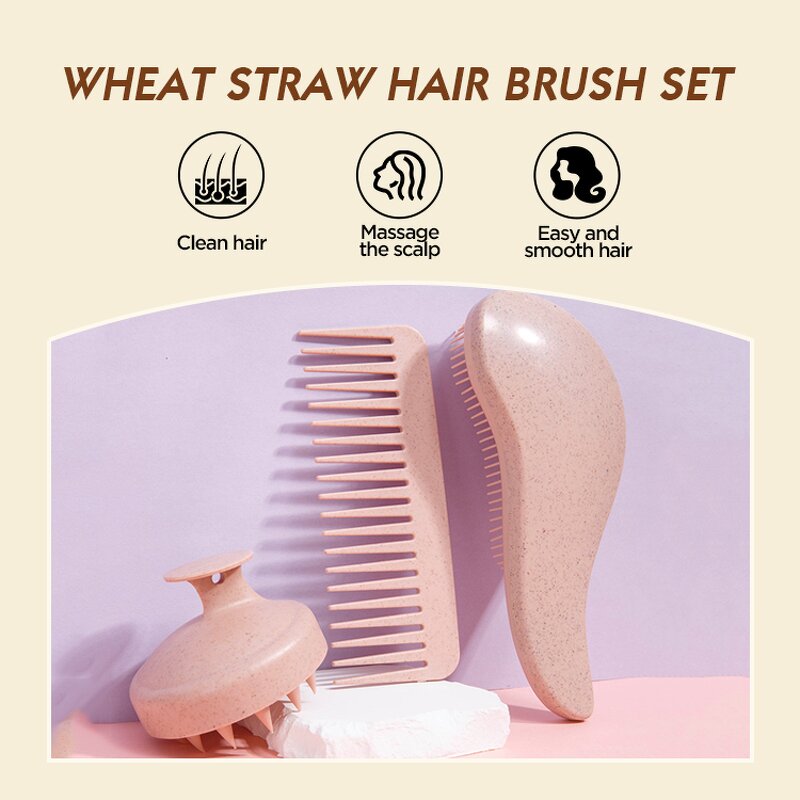 Wheat Straw Scalp Massager - 3 Pcs Detangler Silicone Shampoo Brush for Home