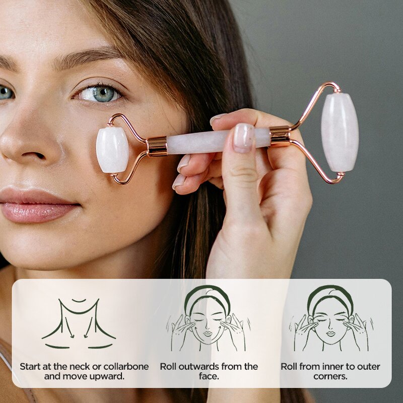 Crystal Gua Sha Set - Rose Quartz Jade Face Roller Skin Care Massage Tool
