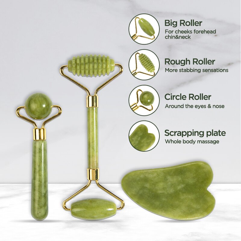 Green Jade Gua Sha Set - Natural Stone Scraping Therapy Facial Massage Tool