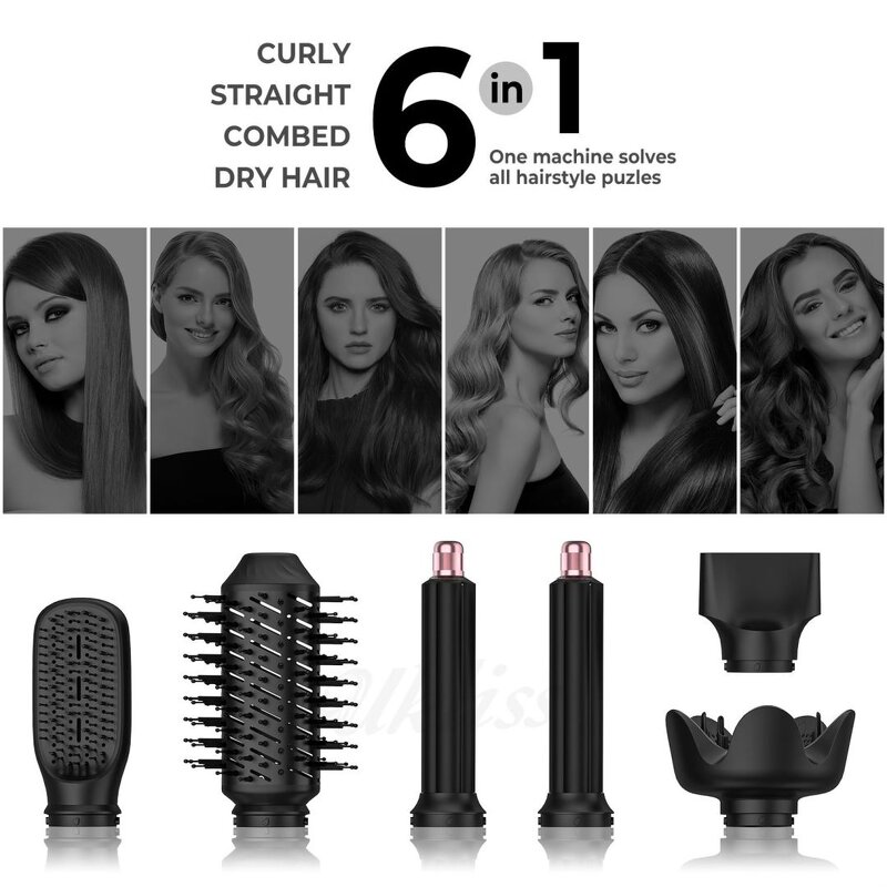 6 in 1 Hot Air Brush - Folding 1000W Dryer Straightener Curler Rotating Brush