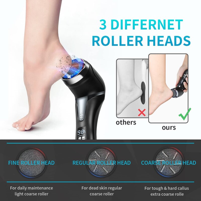 Electric Callus Remover - Professional IPX7 Waterproof 3 Rollers LED Display