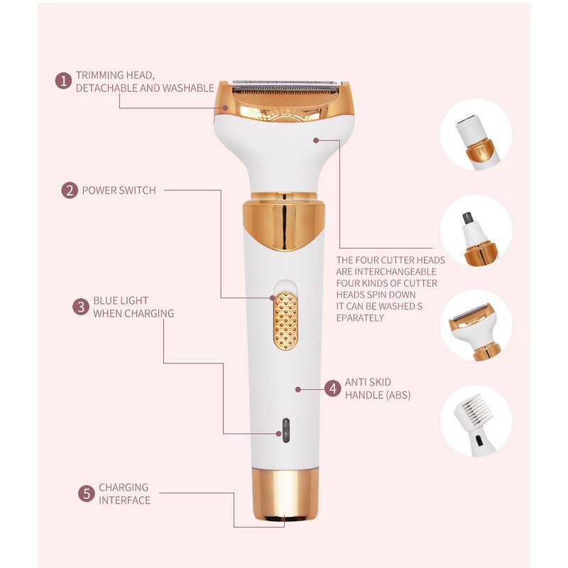 4 in 1 Ladies Electric Shaver - Cordless Waterproof Bikini Facial Hair Remover