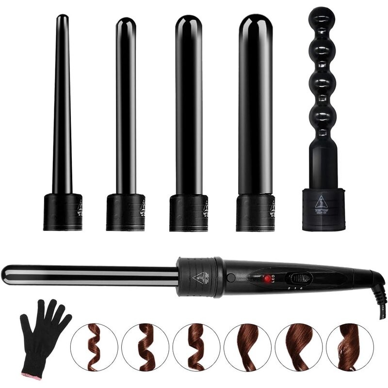 Curling Iron Wand Set - Professional 6 in 1 Ceramic Auto LED Temperature Tool