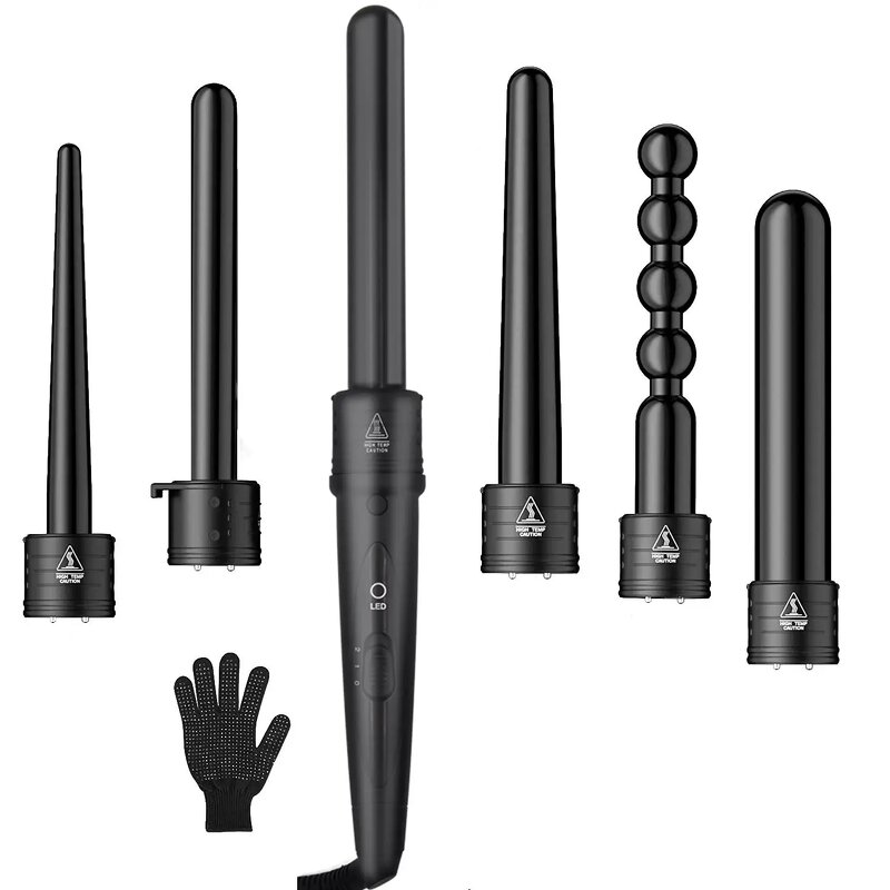 Curling Iron Wand Set - Professional 6 in 1 Ceramic Auto LED Temperature Tool