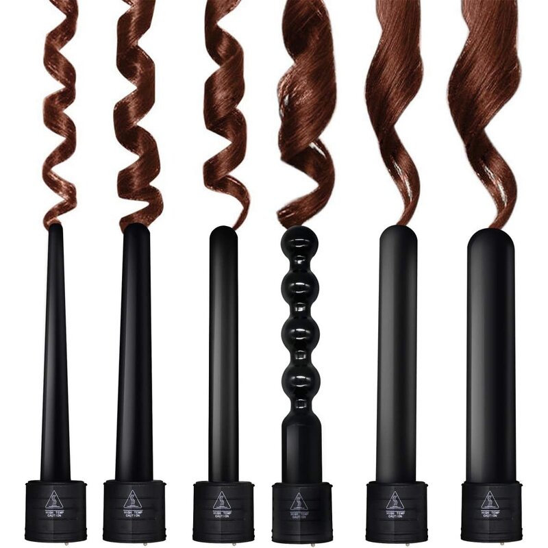Curling Iron Wand Set - Professional 6 in 1 Ceramic Auto LED Temperature Tool