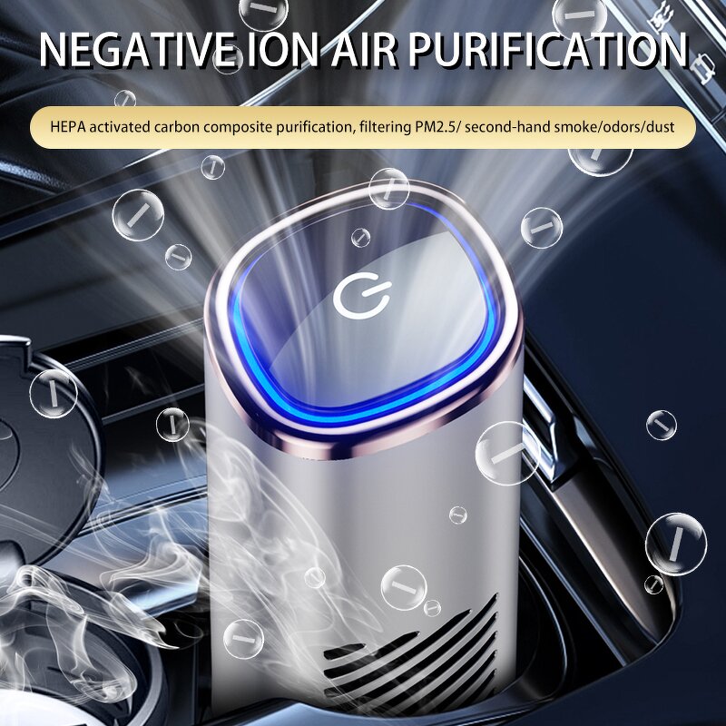 Mini Car Air Purifier - USB Touch Button HEPA Negative Ion Aromatherapy
