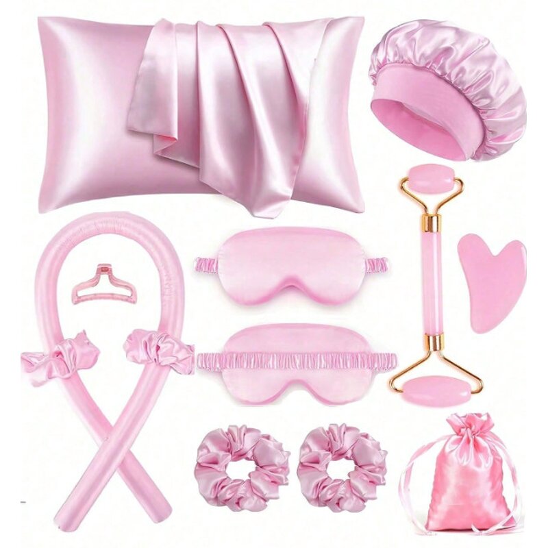 Heatless Curls Overnight Set - 12-Piece Satin Pillowcase Jade Roller Gua Sha