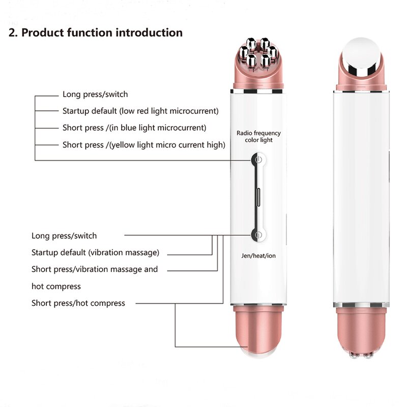 RF EMS Beauty Wand - V Face Color Light USB Eye Facial Massager Acne Heat Vibration Tool