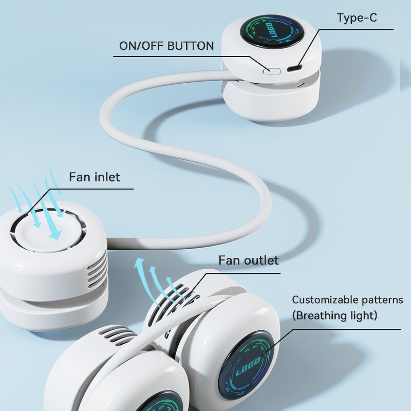 Bladeless Neck Fan - Rechargeable Portable Outdoor Camping Wireless LED Light Fan